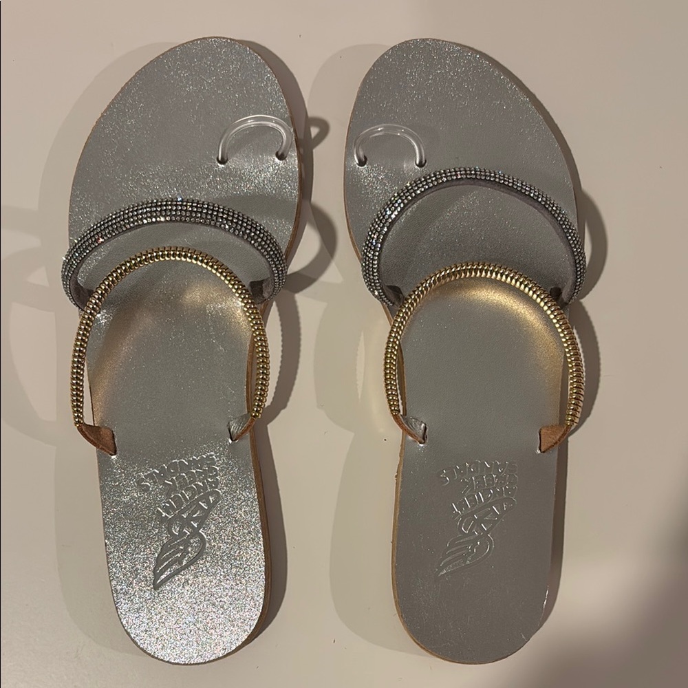 Ancient Greek Sandals Silver and Gold Elegant Slip-On Sandals - NWOT